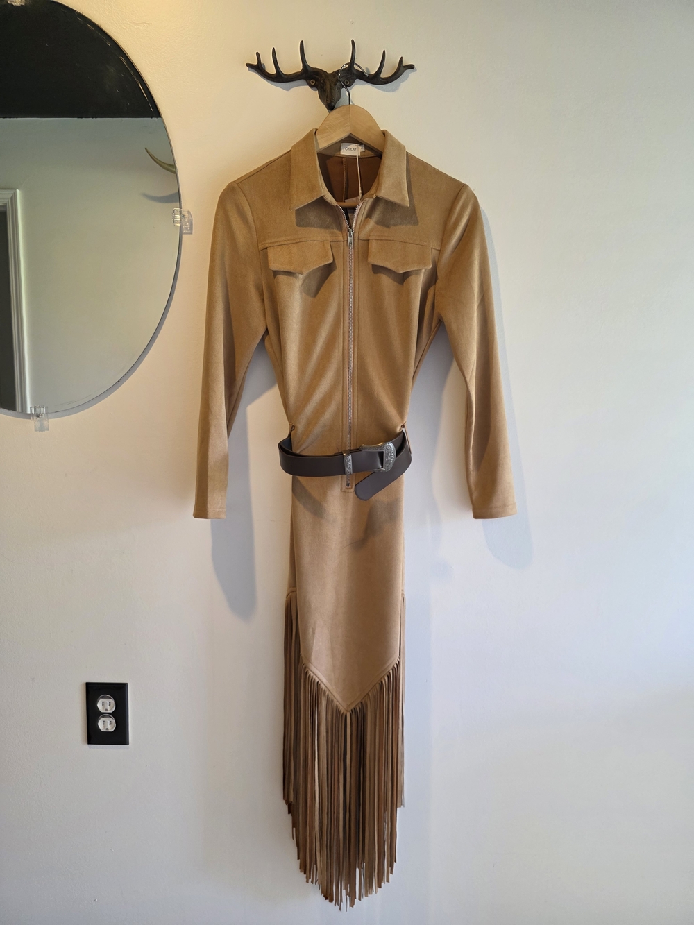 Faux Suede Fringe Zip-Front Dress with Belt